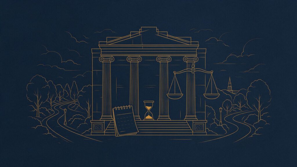 Ilustração em traço dourado de prédio universitário com ampulheta, calendário e balança da justiça, sobre o abono de permanência dos servidores da UFV